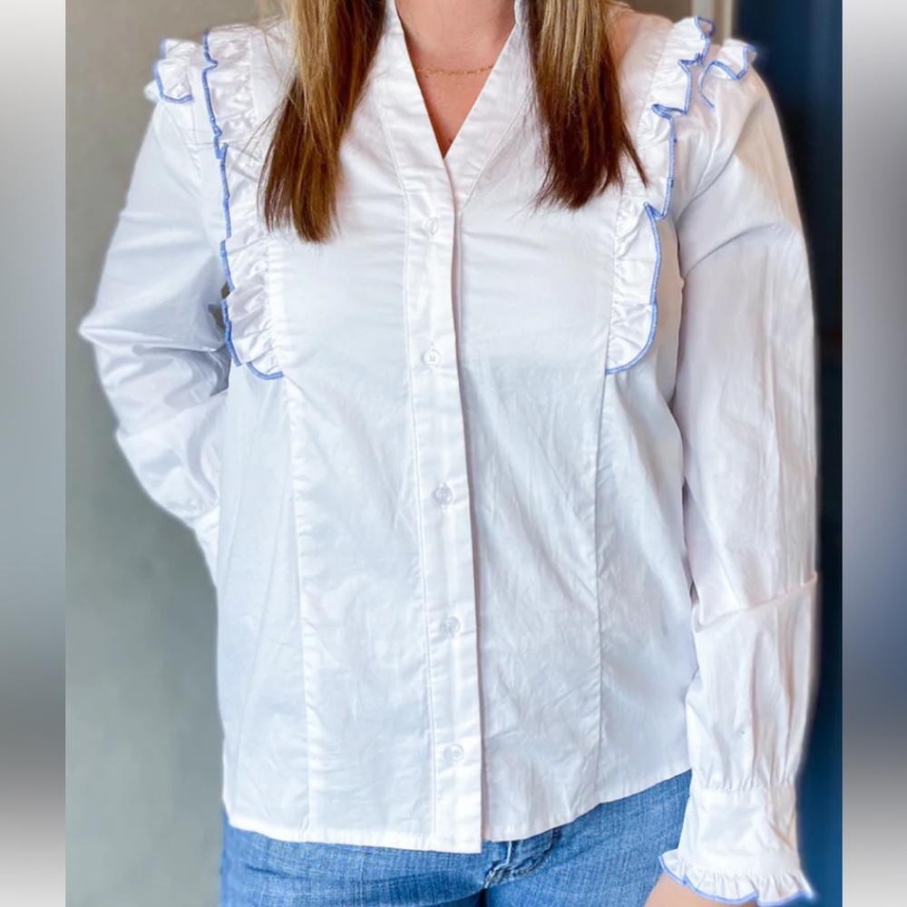 The Shirt by Rochelle Behrens Madeline Shirt, White/Blue Size L NWT